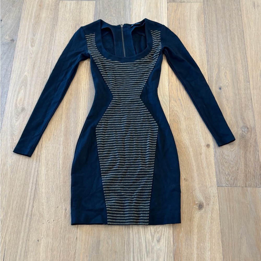 French Connection Black & Gold Striped Dress Size 0